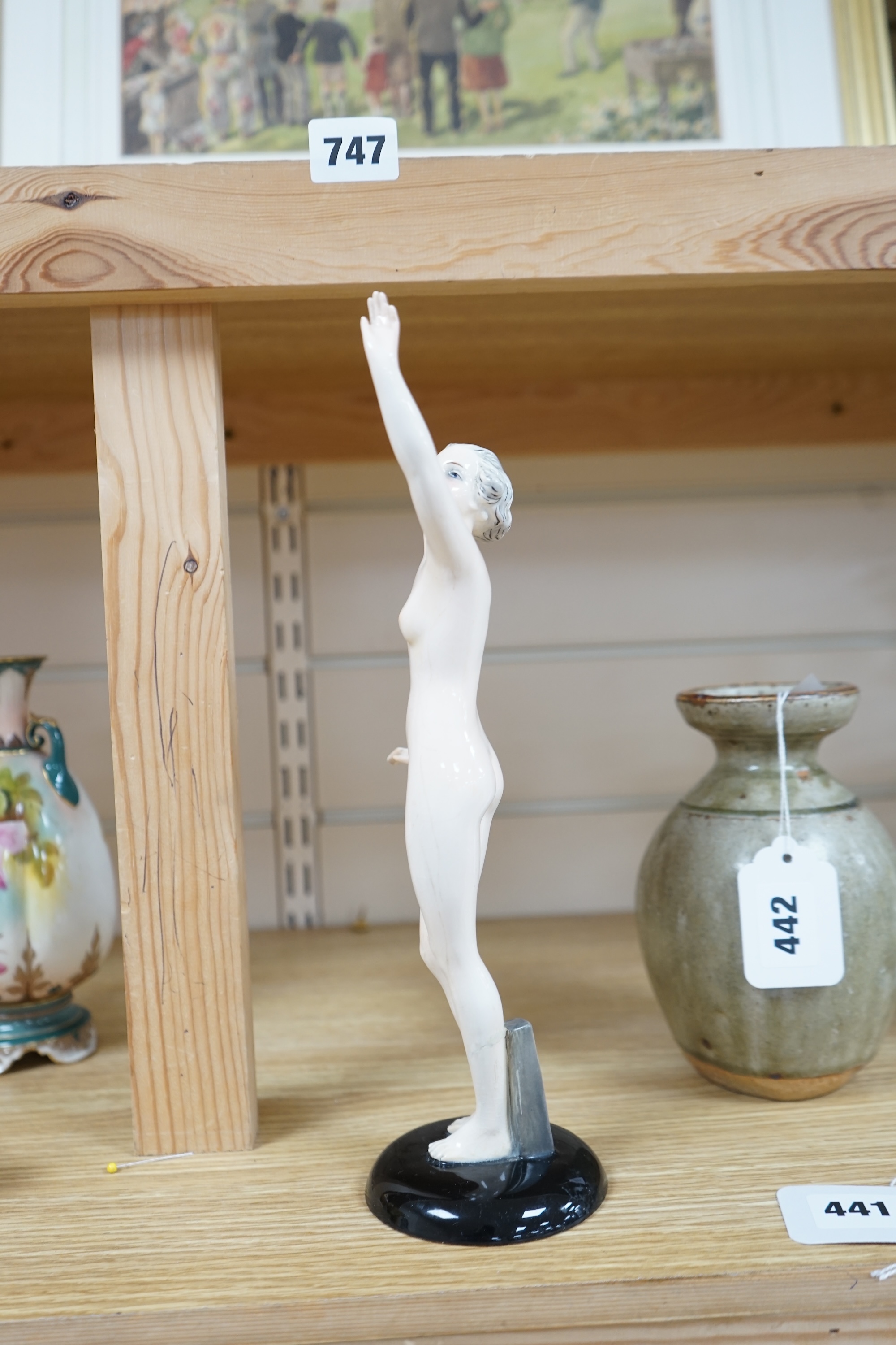 An Art Deco figural nude woman by Goebel, Oeslau Wilhelmsfield, 30cm high. Condition - restored